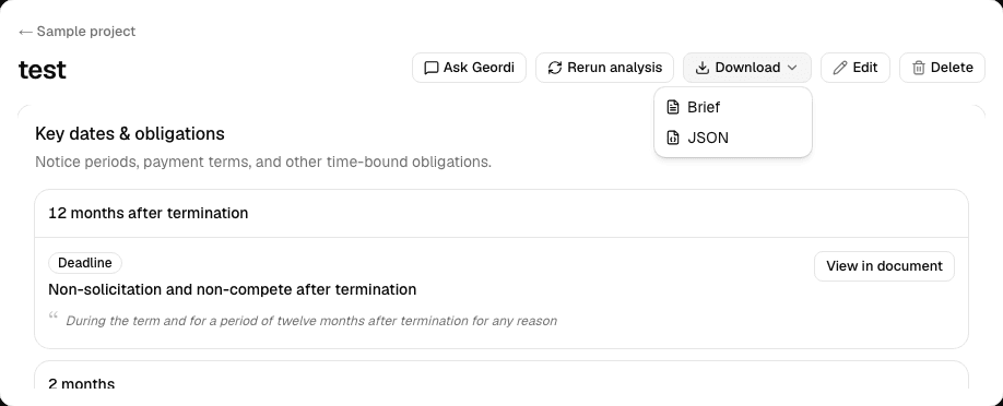 Geordi Scan document page with Download menu open for Markdown brief and JSON export