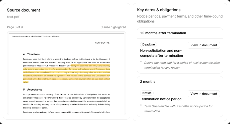 Geordi Scan key dates panel beside PDF with highlighted source clause